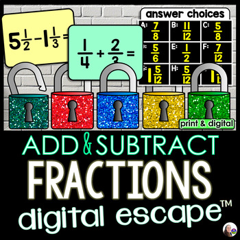 Preview of Add and Subtract Fractions and Mixed Numbers Digital Math Escape Room Activity