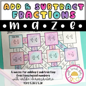 Preview of Add and Subtract Fractions and Mixed Numbers Maze 5.3H and 5.3K