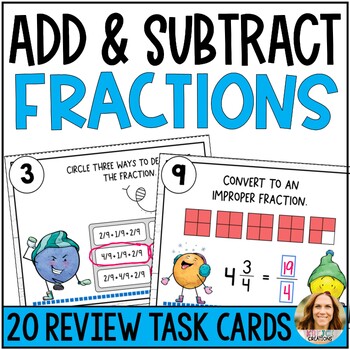 Preview of Add and Subtract Fractions and Mixed Numbers Task Cards - 4th Grade Math Center