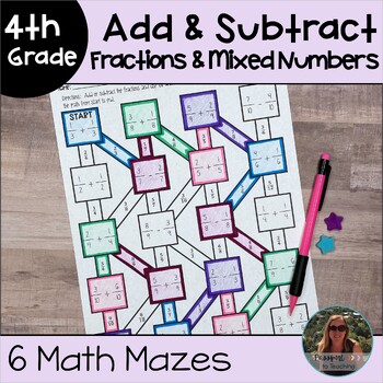 Preview of Add and Subtract Fractions and Mixed Numbers Math Maze Worksheets - 4th Grade