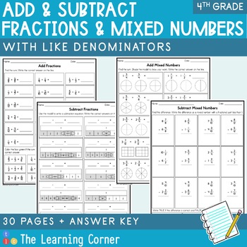 Preview of Add and Subtract Fractions and Mixed Numbers with Like Denominators Worksheet