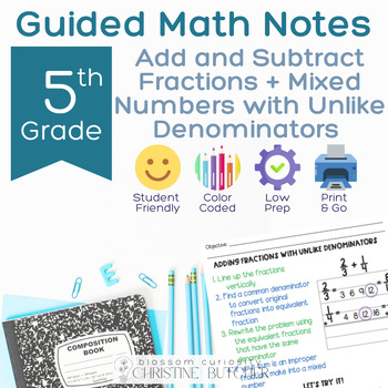 Preview of Add and Subtract Fractions with Unlike Denominators Guided Math Notes