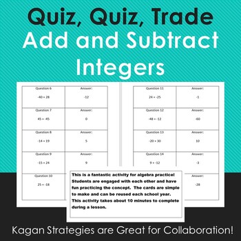 Preview of Add and Subtract Integers--Quiz, Quiz, Trade