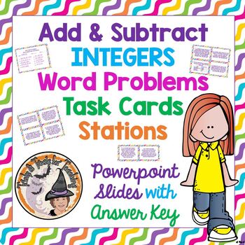 Preview of Add and Subtract Integers Word Problems Task Card Stations with Answer KEY