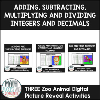 Preview of Solving Integers and Decimals Zoo Animals Three Math Digital Pixel Acivities