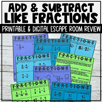 Preview of Add and Subtract Like Fractions and Mixed Numbers Digital Escape Room Review