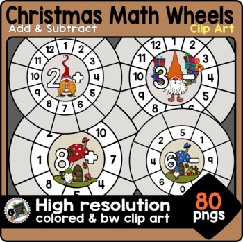 Preview of Add and Subtract Math Wheels Numbers Christmas Gnomes Clip Art