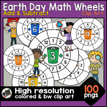Preview of Add and Subtract Math Wheels Numbers Earth Day Recycling Kids Clip Art