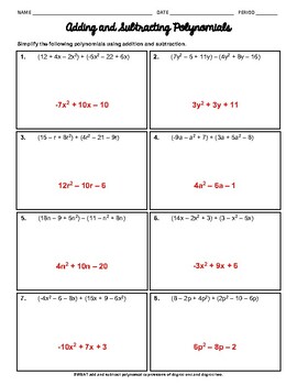 Preview of Add and Subtract Polynomials Worksheet