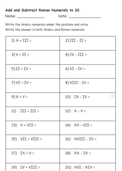 Preview of Add and Subtract Roman Numerals to 20 Worksheet