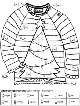 Add And Subtract Unlike Fractions: Ugly Sweaters! Solve-and-color 