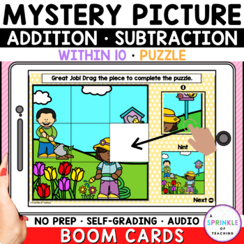 Preview of Add and Subtract Within 10 • Mystery Picture Puzzle - Boom Cards