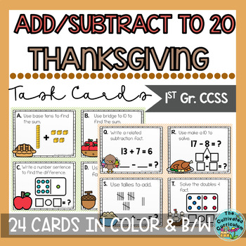 Preview of Add and Subtract Within 20 Strategies Task Cards Thanksgiving