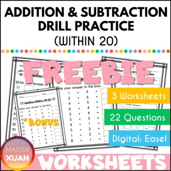 Preview of Add and Subtract Within 20 Worksheet FREEBIE