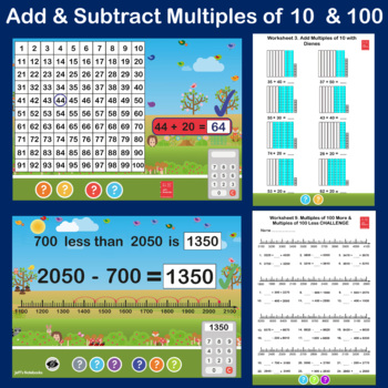 Preview of Add, Subtract Multiples of 10 & 100 with 100 Square, Dienes & Number Line BUNDLE