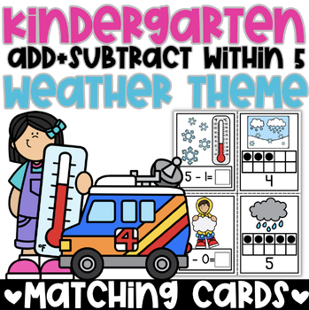 Preview of Weather Math Delight: Teen Numbers Add/Subtract within 5 Worksheets + Task Card