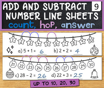 Preview of Add and subtract on a number line worksheets to 10 20 30 Holiday Math