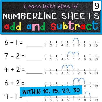 Preview of Add and subtract on a number line - mixed worksheets to 10, 15, 20, 30