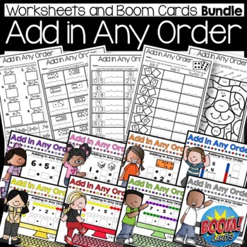 Preview of Add in Any Order WORKSHEETS and BOOM CARDS BUNDLE