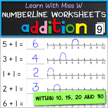 Preview of Add on a number line worksheets to 10, 15, 20, 30