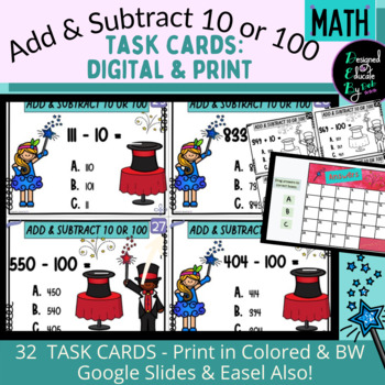 Preview of Add or Subtract 10 or 100 MAGIC Task Cards Print & Digital