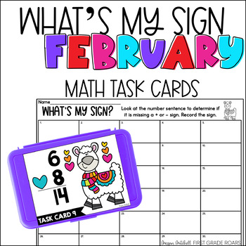 Preview of Add or Subtract February Task Card Activity Math Centers, Scoot, Morning Tubs