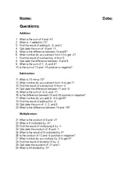 Preview of Add, subtract, multiply, and divide integers (30 Questions)