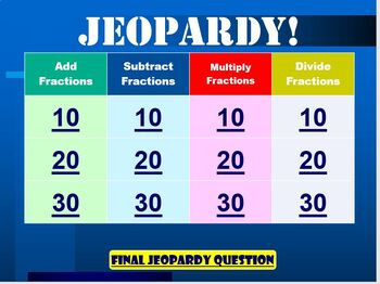 Preview of Add/subtract/multiply/divide fractions jeopardy review