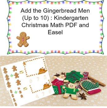 Preview of Kindergarten Winter Math PDF & Easel: Add Gingerbread Men (Up to 10) No Prep