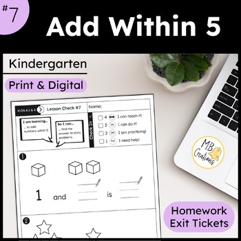 Preview of Single Digit Addition Worksheet Add to 5 L7 Kindergarten iReady Math Exit Ticket