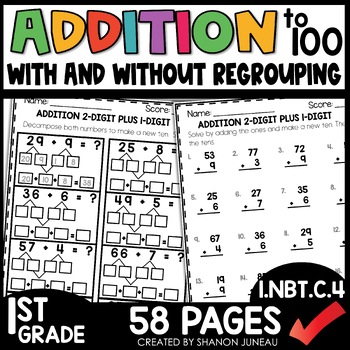 Preview of 2 Digit Double Addition With & Without Regrouping Worksheets 1st Gr Math to 100