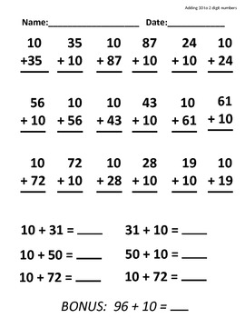 adding 10 to 2 digit numbers by maggie warner teachers