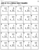 Adding 10 to a Single Digit Number Worksheets