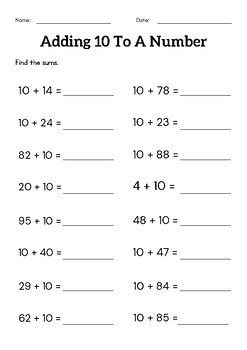 Adding 10 to a number worksheet 1st grade - 10 plus a number worksheets ...