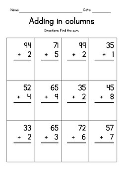 Adding 2-digit And 1-digit Numbers In Columns Freebie By Mt Teaching 