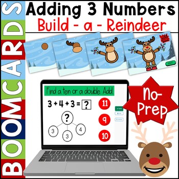 Preview of Adding 3 Numbers BOOM Task Cards and Mini Lesson - CCSS 1.OA.3