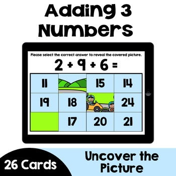Preview of Adding 3 Numbers Boom Cards Uncover the Pictures - Self Correcting & Interactive