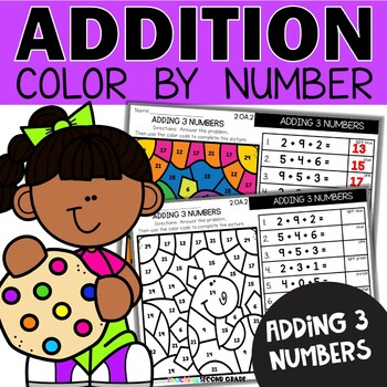 Preview of Adding 3 Numbers - Color by Number Fact Fluency Math Worksheets 1st 2nd Grade