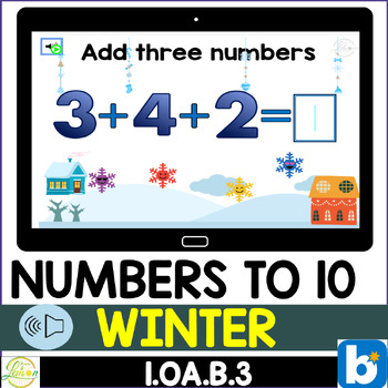 Preview of Adding 3 numbers first grade | Addition to 10 | Winter Boom Cards