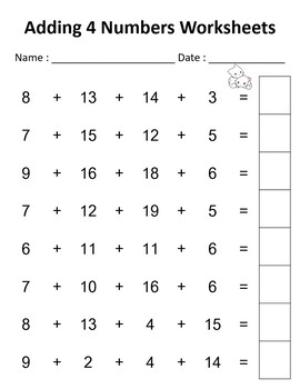 Adding 4 Numbers Worksheet / Adding 4 Single Digit Numbers Worksheet