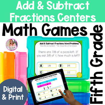 Preview of Adding And Subtracting Fractions | 11 LOW PREP Math Centers | Digital and Print