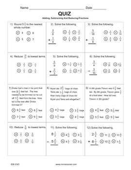 Adding And Subtracting Fractions and Mixed Numbers Quiz | TpT