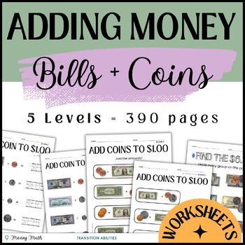 Preview of Adding Bills & Coins | Sped Money Math Addition | 3 Levels Worksheets