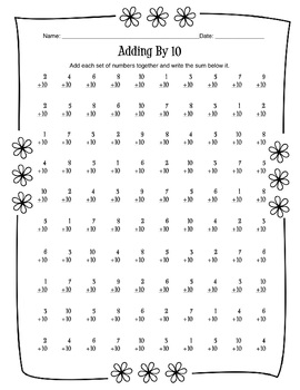 adding by 10 math worksheet answer key by sunny side up resources