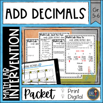 Preview of Adding Decimals Math Activities Lab - Math Intervention - Sub Plans