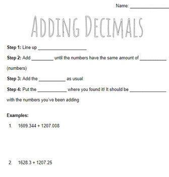 Preview of Adding Decimals Short Guided Notes & Worksheet