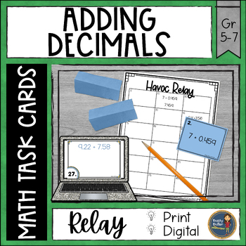 Preview of Adding Decimals Task Cards Havoc Math Relay Print and Digital