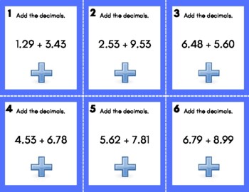 Preview of Adding Decimals to HUNDREDTHS PLACE TASK CARDS- 24 with answer sheet and key