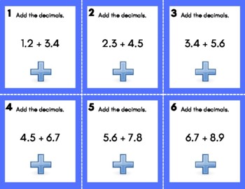 Preview of Adding Decimals to TENTHS place TASK CARDS- 24 total with answer sheet and key