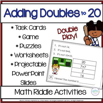 Preview of Adding Doubles Riddle Task Cards and Printables for Review
